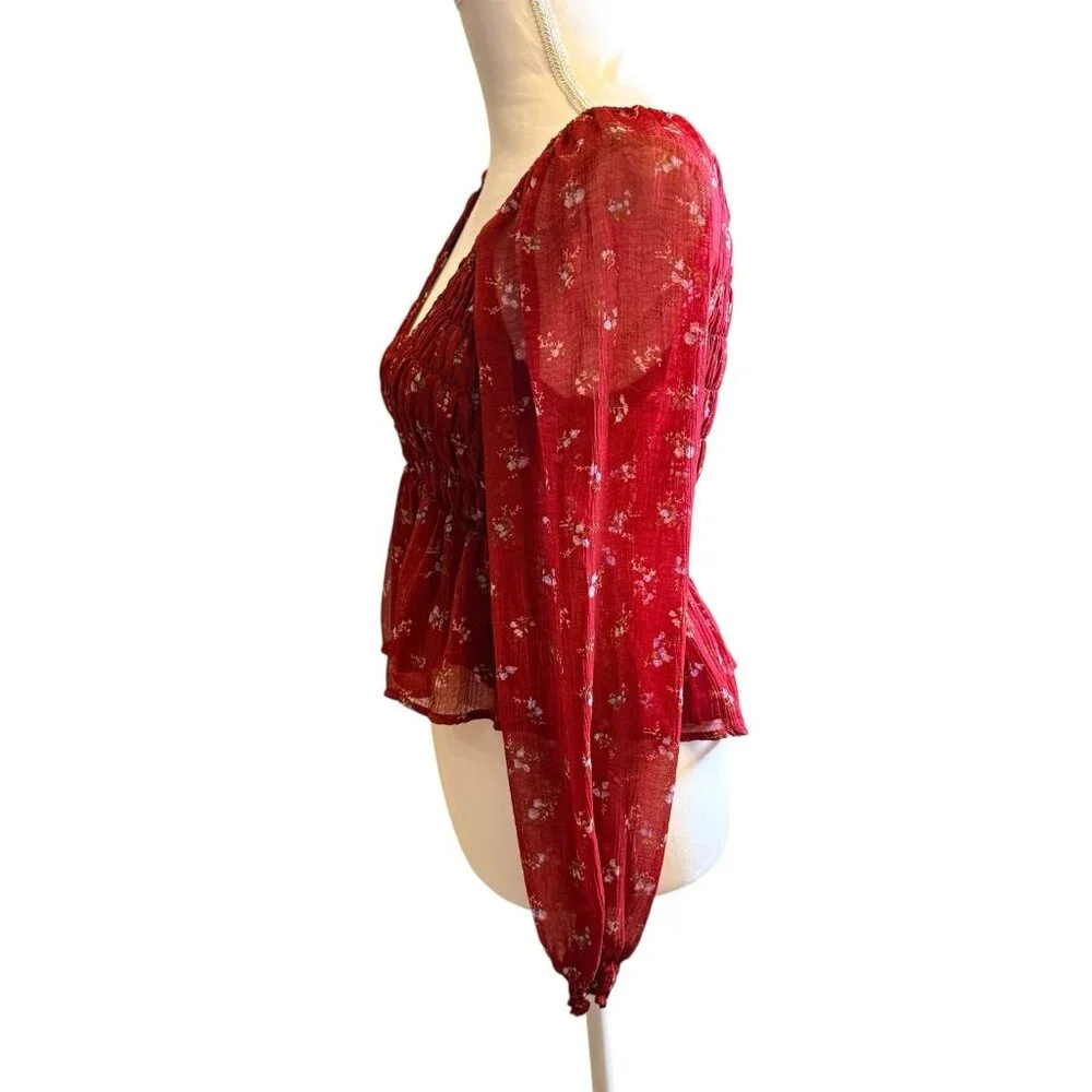 American Eagle Puff Sleeve Top Blouse Floral Ditsy Baby Doll Boho Smocked Size S - Picture 3 of 9
